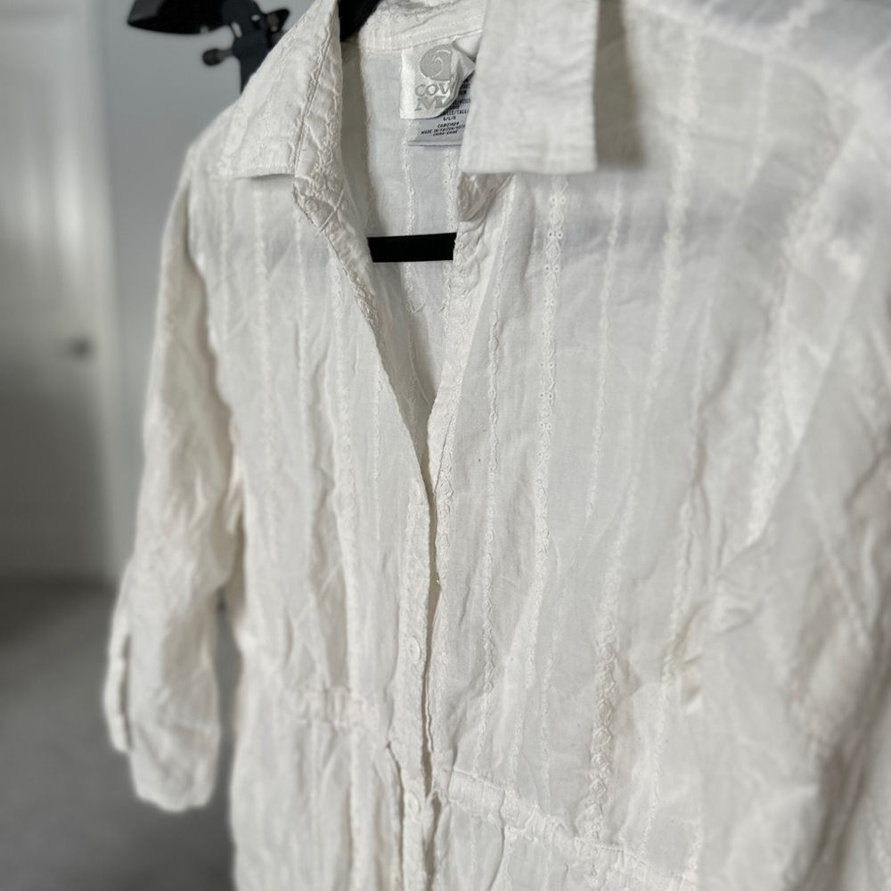 Chic White Button Down Shirt for Women Casual Costal Waist Tie - Picture 3 of 7